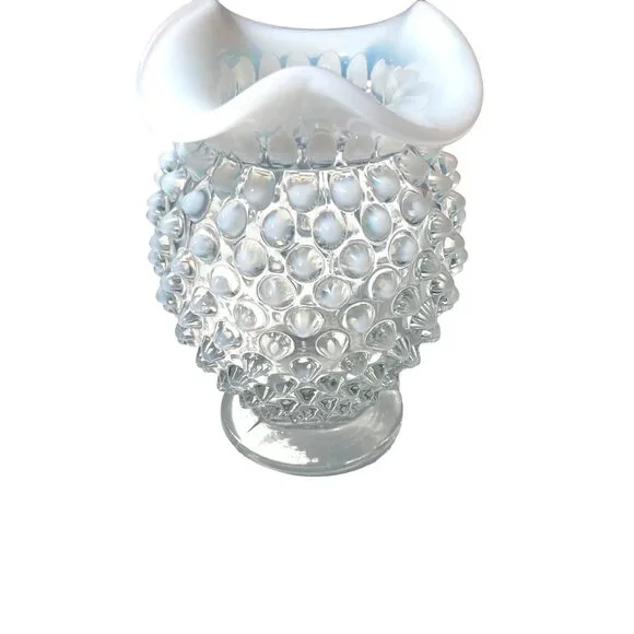 Fenton Vintage White Hobnail Opalescent Milk Glass Vase Petite Ruffled Edge Deco